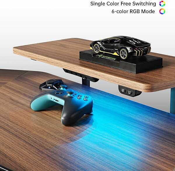 EUREKA ERGONOMIC 72" Gaming Desk W Keyboard Tray, Wing-Shaped Music Studio Desk, Large Computer Table W LED Convertible Monitor Stand Dual Headphone Hanger for Recording Live Streamer, Walnut Wood - Image 8