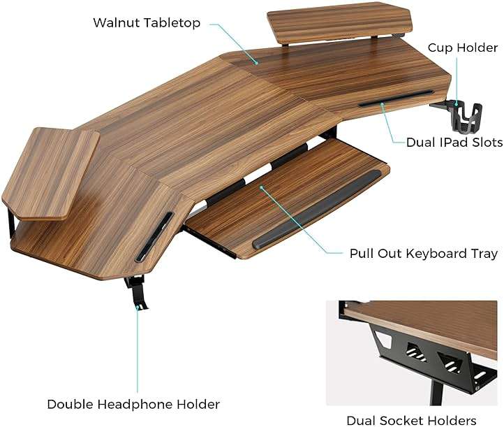 EUREKA ERGONOMIC 72" Gaming Desk W Keyboard Tray, Wing-Shaped Music Studio Desk, Large Computer Table W LED Convertible Monitor Stand Dual Headphone Hanger for Recording Live Streamer, Walnut Wood - Image 9