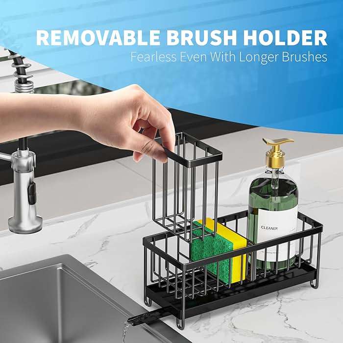 Cisily Sponge Holder for Kitchen Sink, Sink Caddy Organizer with High Brush Holder, Kitchen Countertop Organizers and Storage Essentials, Rustproof 304 Stainless Steel (Black, 9.25″) - Image 4