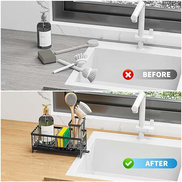 Cisily Sponge Holder for Kitchen Sink, Sink Caddy Organizer with High Brush Holder, Kitchen Countertop Organizers and Storage Essentials, Rustproof 304 Stainless Steel (Black, 9.25″) - Image 6