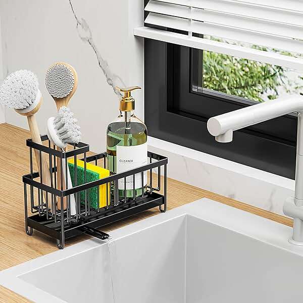 Cisily Sponge Holder for Kitchen Sink, Sink Caddy Organizer with High Brush Holder, Kitchen Countertop Organizers and Storage Essentials, Rustproof 304 Stainless Steel (Black, 9.25″) - Image 7
