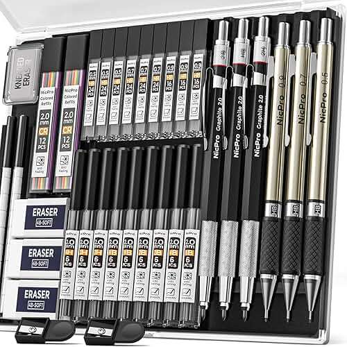Nicpro 35PCS Art Mechanical Pencil Set, 3 PCS Metal Drafting Pencil 0.5 mm & 0.7 mm & 0.9 mm & 3 PCS 2mm Lead Holder (6B 4B 2B HB 2H 4H Colors) For Sketching Drawing With 20 Tube Lead Refills Case - Image 1