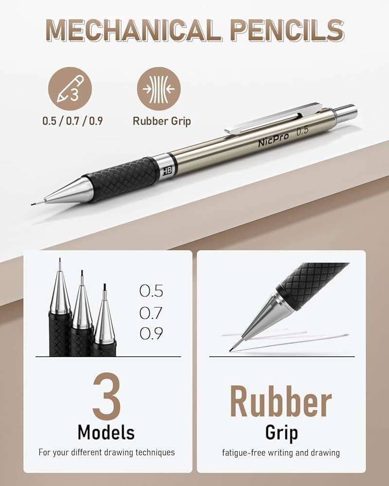 Nicpro 35PCS Art Mechanical Pencil Set, 3 PCS Metal Drafting Pencil 0.5 mm & 0.7 mm & 0.9 mm & 3 PCS 2mm Lead Holder (6B 4B 2B HB 2H 4H Colors) For Sketching Drawing With 20 Tube Lead Refills Case - Image 2