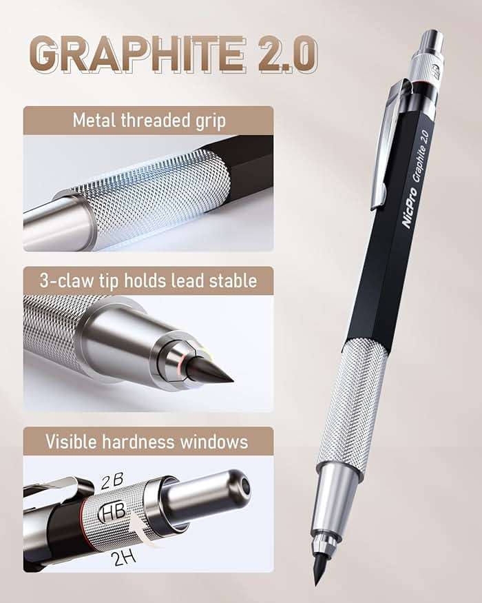 Nicpro 35PCS Art Mechanical Pencil Set, 3 PCS Metal Drafting Pencil 0.5 mm & 0.7 mm & 0.9 mm & 3 PCS 2mm Lead Holder (6B 4B 2B HB 2H 4H Colors) For Sketching Drawing With 20 Tube Lead Refills Case - Image 3