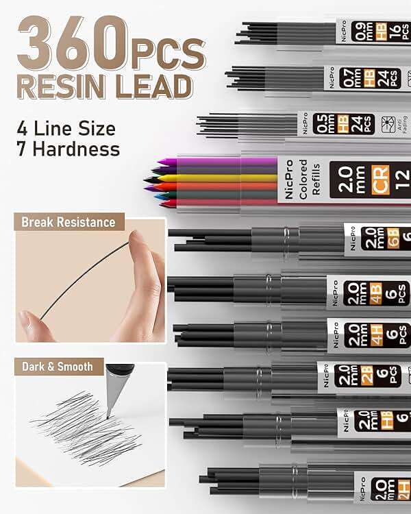 Nicpro 35PCS Art Mechanical Pencil Set, 3 PCS Metal Drafting Pencil 0.5 mm & 0.7 mm & 0.9 mm & 3 PCS 2mm Lead Holder (6B 4B 2B HB 2H 4H Colors) For Sketching Drawing With 20 Tube Lead Refills Case - Image 4