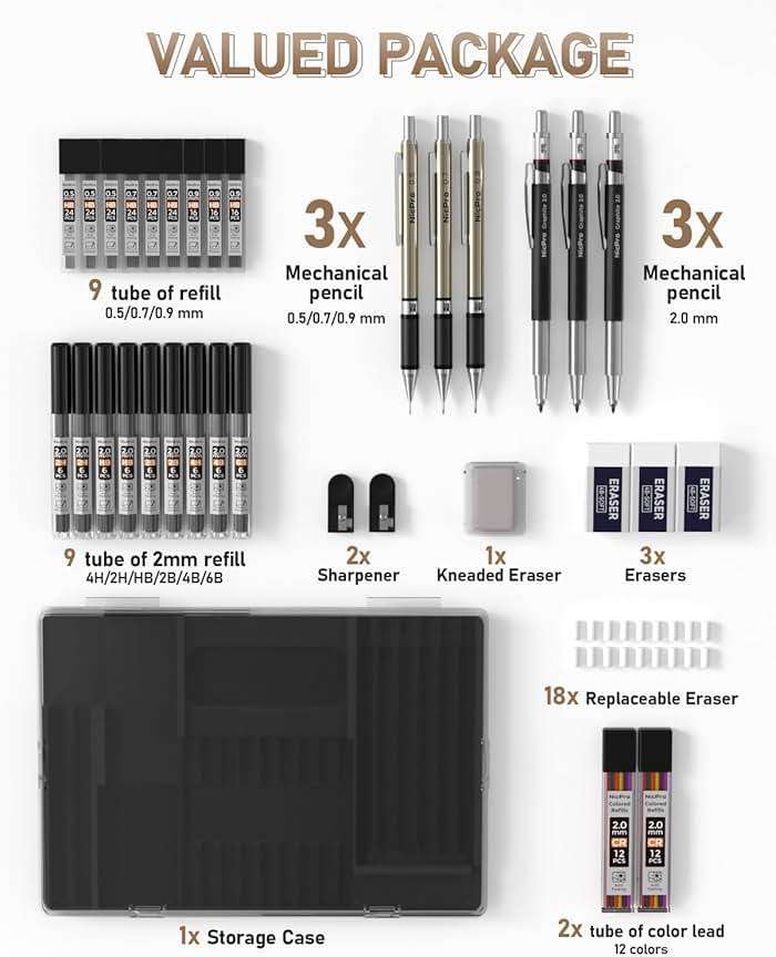 Nicpro 35PCS Art Mechanical Pencil Set, 3 PCS Metal Drafting Pencil 0.5 mm & 0.7 mm & 0.9 mm & 3 PCS 2mm Lead Holder (6B 4B 2B HB 2H 4H Colors) For Sketching Drawing With 20 Tube Lead Refills Case - Image 6