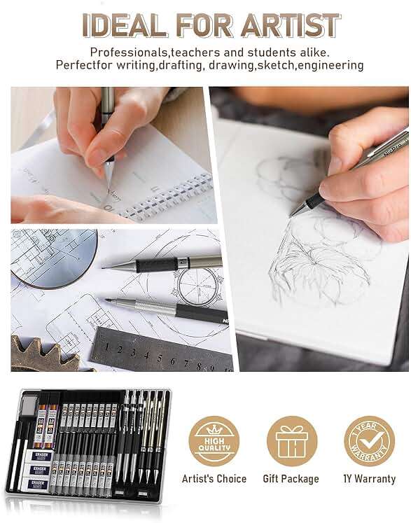 Nicpro 35PCS Art Mechanical Pencil Set, 3 PCS Metal Drafting Pencil 0.5 mm & 0.7 mm & 0.9 mm & 3 PCS 2mm Lead Holder (6B 4B 2B HB 2H 4H Colors) For Sketching Drawing With 20 Tube Lead Refills Case - Image 7