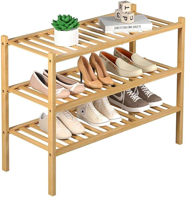 ROMGUAR CRAFT 3 Tier Bamboo Shoe Rack for Closet Free Standing Wood Shoe Shelf Storage Organizer for Entryway Small Space Stackable 27"x11"x20" (Natural) - Image 1