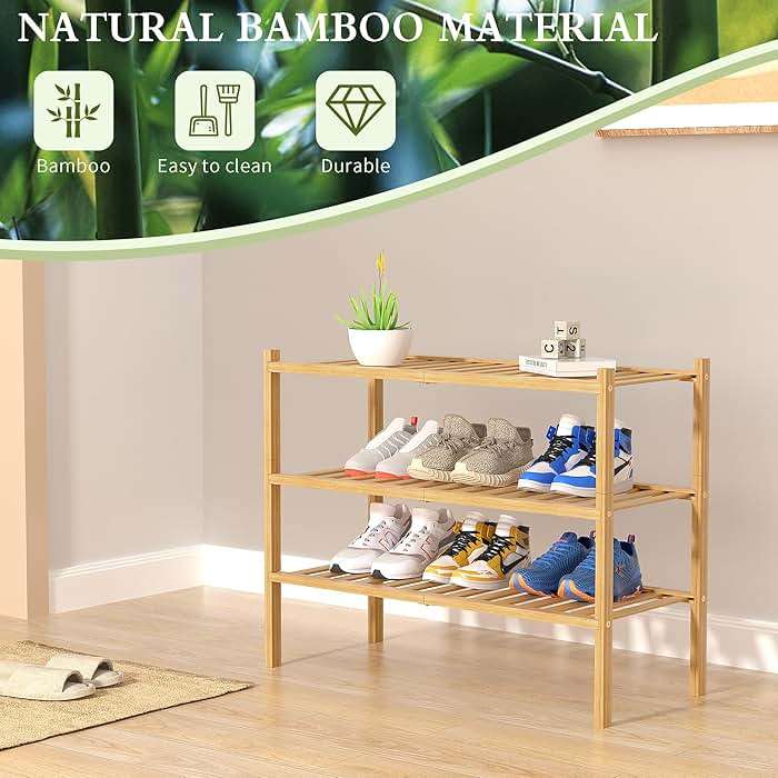 ROMGUAR CRAFT 3 Tier Bamboo Shoe Rack for Closet Free Standing Wood Shoe Shelf Storage Organizer for Entryway Small Space Stackable 27"x11"x20" (Natural) - Image 6