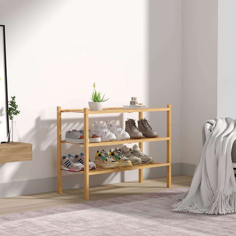 ROMGUAR CRAFT 3 Tier Bamboo Shoe Rack for Closet Free Standing Wood Shoe Shelf Storage Organizer for Entryway Small Space Stackable 27"x11"x20" (Natural) - Image 7