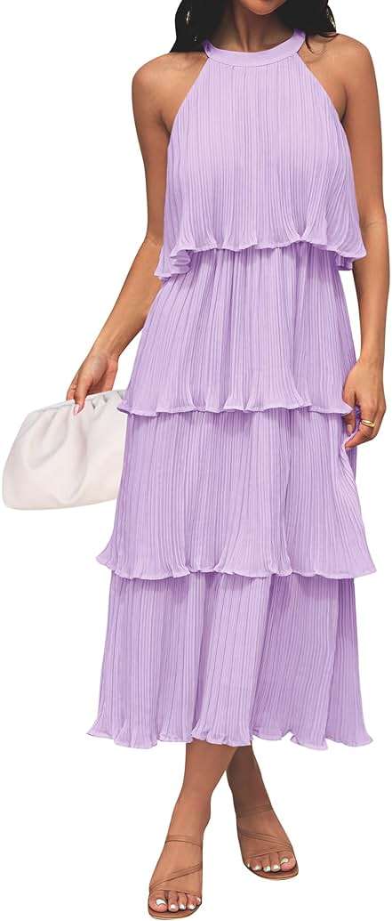 ZESICA Women's 2026 Summer Sleeveless Halter Neck Ruffle Tiered Layed Chiffon Flowy Swing Long Midi Dress - Image 1