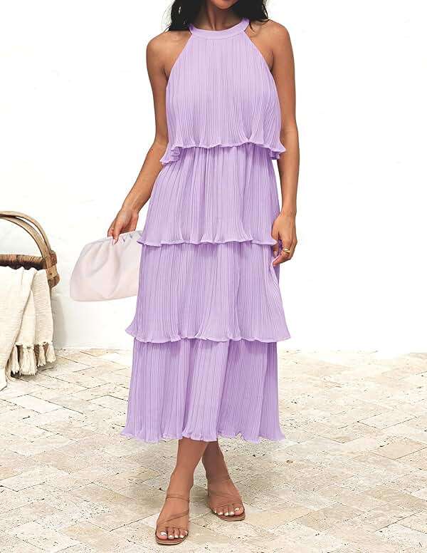 ZESICA Women's 2026 Summer Sleeveless Halter Neck Ruffle Tiered Layed Chiffon Flowy Swing Long Midi Dress - Image 2