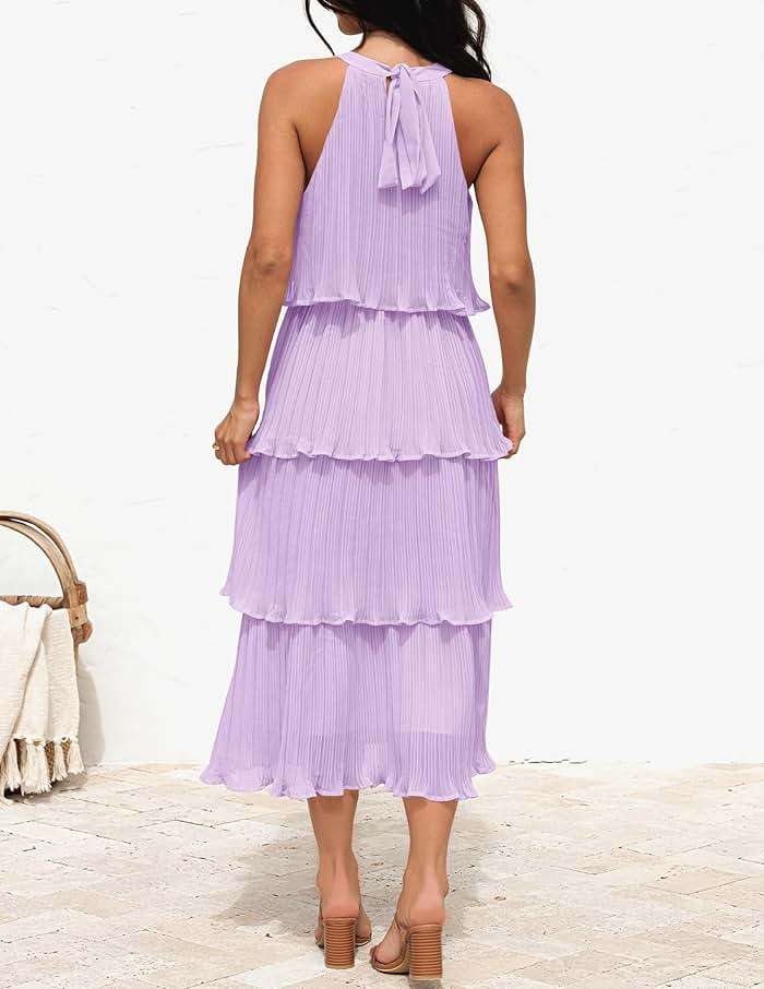 ZESICA Women's 2026 Summer Sleeveless Halter Neck Ruffle Tiered Layed Chiffon Flowy Swing Long Midi Dress - Image 4