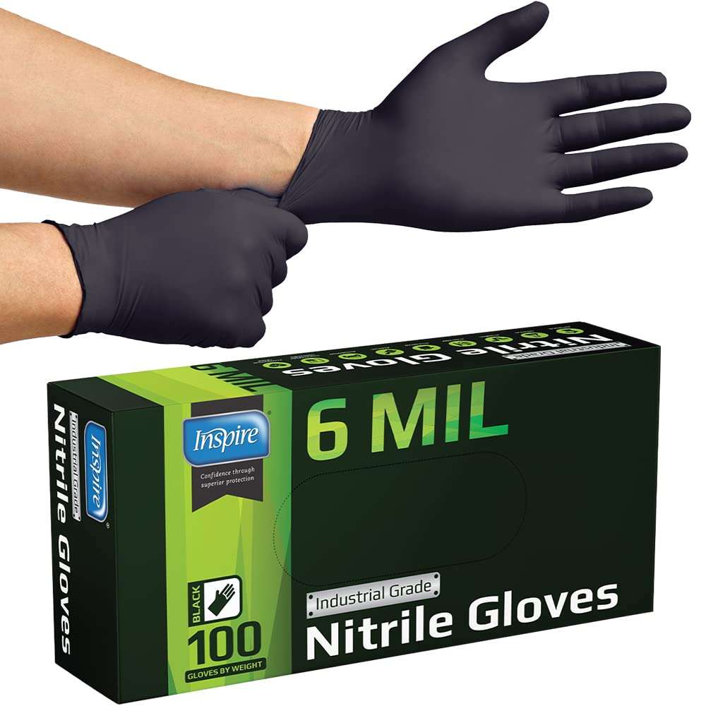 Inspire Black Nitrile Gloves HEAVY DUTY 6 Mil Nitrile Chemical Resistant Medical Cooking Cleaning Disposable Black Gloves - Image 1