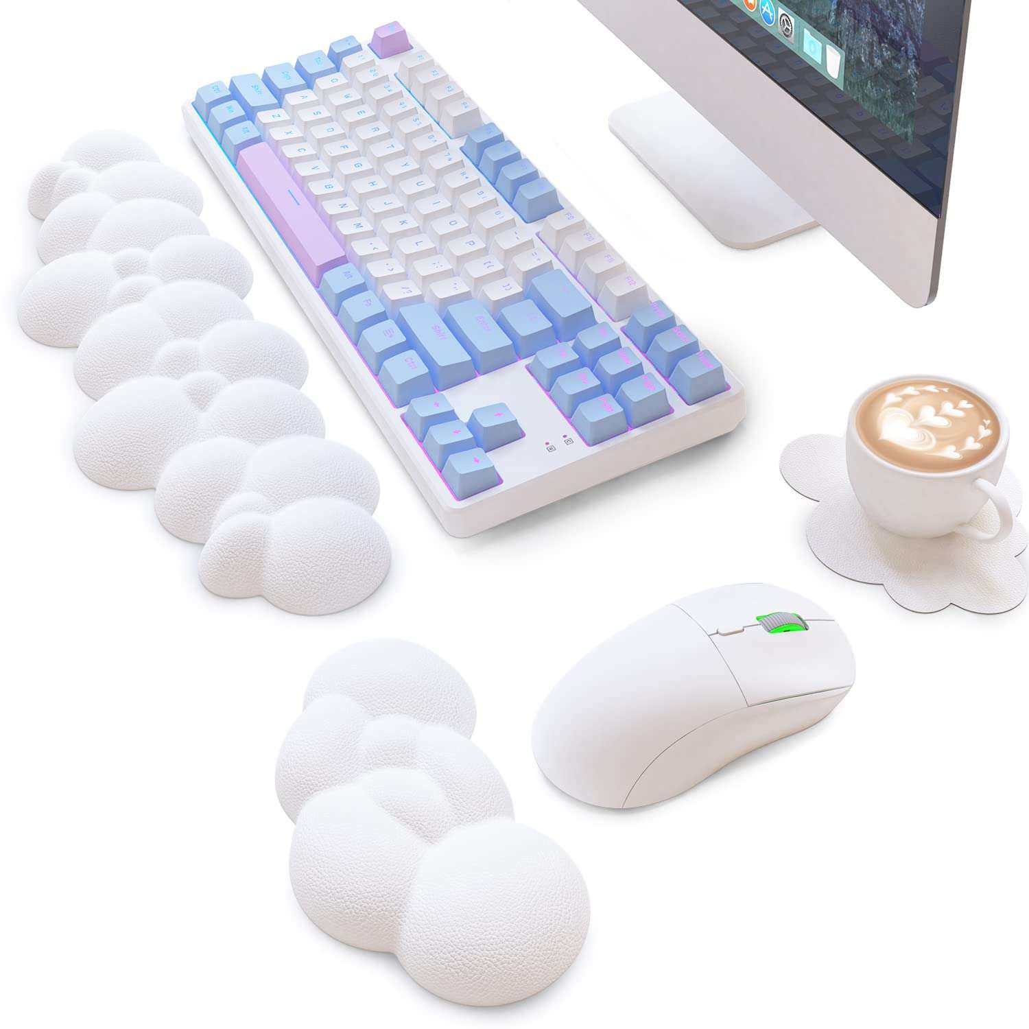 ATTACK SHARK Cloud Mouse Pad Wrist Support and Keyboard Wrist Rest,Ergonomic Design for Typing Pain Relief,Memory Foam Wrist Rest Leather Cup Coaster for Desk,Office,Computer Laptop,Mac(White) - Image 1