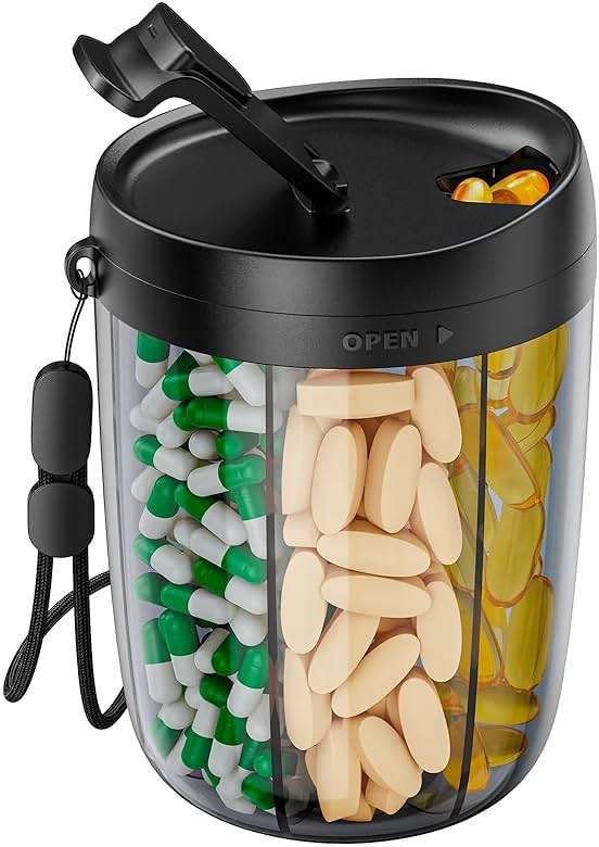 PULIV Large Pill Bottle Organizer for Holding 6 Various Vitamins without Filling Hassle, Supplement Organizer for Travel, Anti-Mixing Pill Box Case with Wide Opening for Easy Pill Retrieval, 20 Labels - Image 1