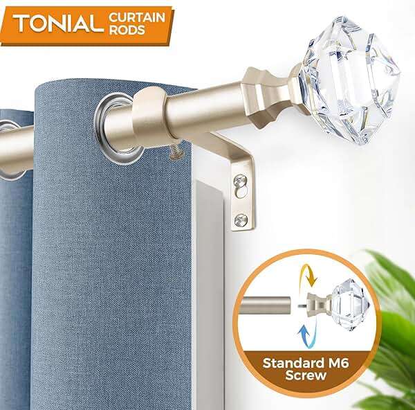 TONIAL Curtain Rods for Windows 20 to 53 Inch(1.6 to 4.4 ft), Telescoping Splicing 3/4 Single Rods 32 to 58 Inch(2.6-4.8ft), Decorative Rod with Acrylic Diamond Finial, Champagne Gold - Image 3