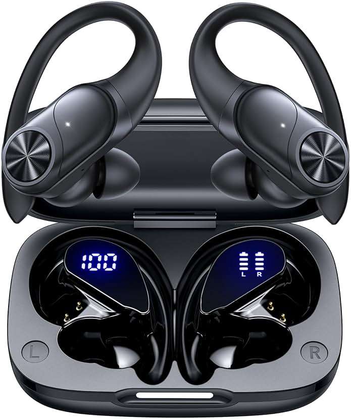 PocBuds Bluetooth Headphones Wireless Earbuds 80hrs Playtime Wireless Charging Case Digital Display Sports Ear Buds with Earhook Deep Bass IPX7 Waterproof Over-Ear Earphones for TV Phone Laptop Black - Image 2