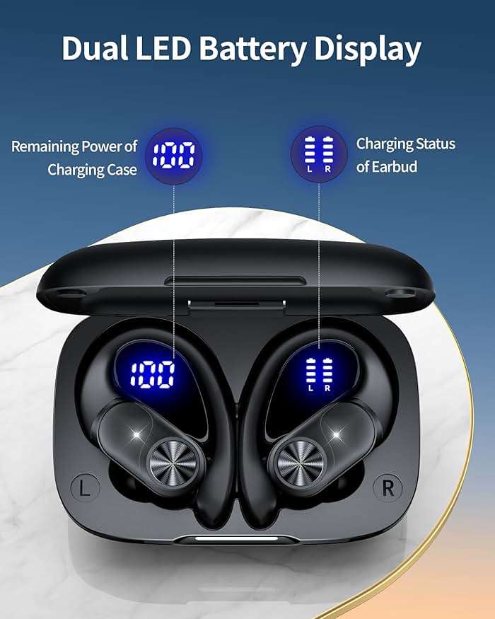 PocBuds Bluetooth Headphones Wireless Earbuds 80hrs Playtime Wireless Charging Case Digital Display Sports Ear Buds with Earhook Deep Bass IPX7 Waterproof Over-Ear Earphones for TV Phone Laptop Black - Image 4