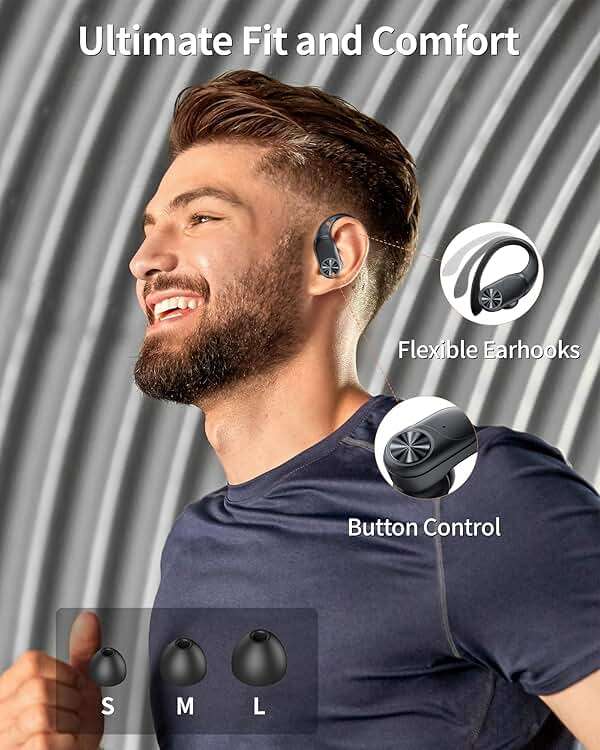 PocBuds Bluetooth Headphones Wireless Earbuds 80hrs Playtime Wireless Charging Case Digital Display Sports Ear Buds with Earhook Deep Bass IPX7 Waterproof Over-Ear Earphones for TV Phone Laptop Black - Image 6