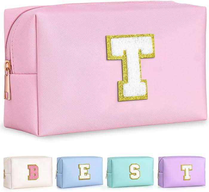 TOPEAST Dorm Room Essentials for Girls - Pink Initial Makeup Bag, College Essentials PU Leather Bag | Travel Car Essentials | Cute Stuff Birthday Gift for Friends Sister (Pink T) - Image 1