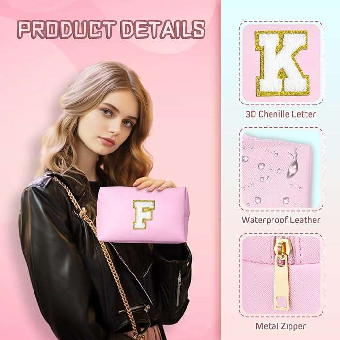 TOPEAST Dorm Room Essentials for Girls - Pink Initial Makeup Bag, College Essentials PU Leather Bag | Travel Car Essentials | Cute Stuff Birthday Gift for Friends Sister (Pink T) - Image 4