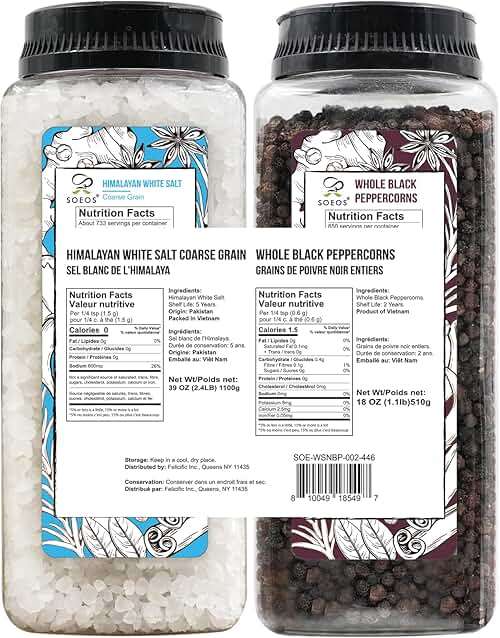 Soeos Himalayan Sea Salt, 39 oz (2.4 lb) + Whole Black Peppercorns, 18oz (1.1 lb) White Himalayan Salt Coarse Grain, Whole Black Peppercorns, White Salt in Grinder, Salt and Pepper Refill - Image 2
