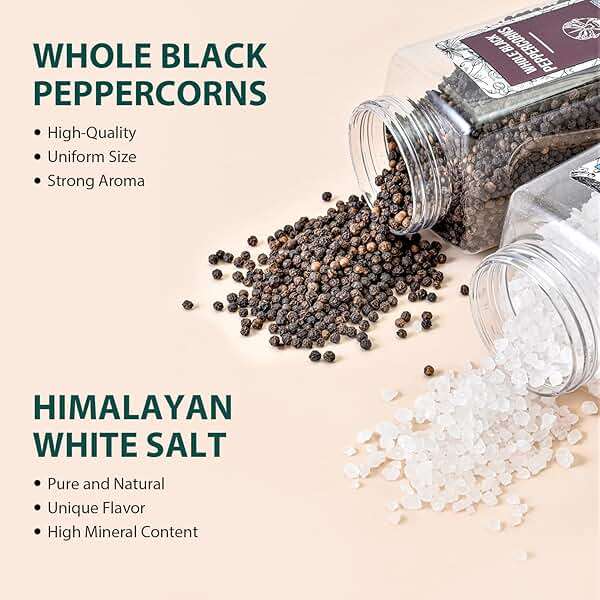 Soeos Himalayan Sea Salt, 39 oz (2.4 lb) + Whole Black Peppercorns, 18oz (1.1 lb) White Himalayan Salt Coarse Grain, Whole Black Peppercorns, White Salt in Grinder, Salt and Pepper Refill - Image 4