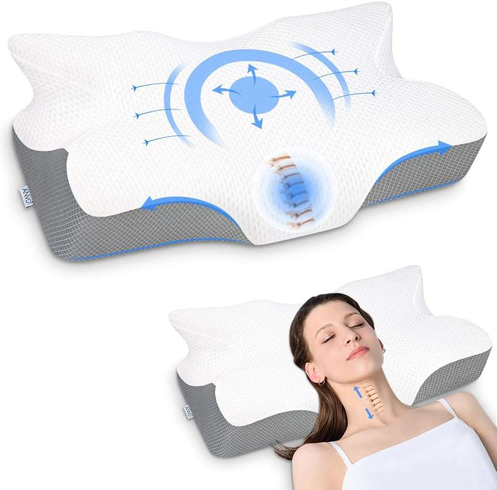 Anvo Cervical Neck Pillow for Neck and Shoulder Pain - Memory Foam Pillows for Pain Relief Sleeping, Contour Orthopedic for Side Back Stomach Sleeper, Grey - Image 1