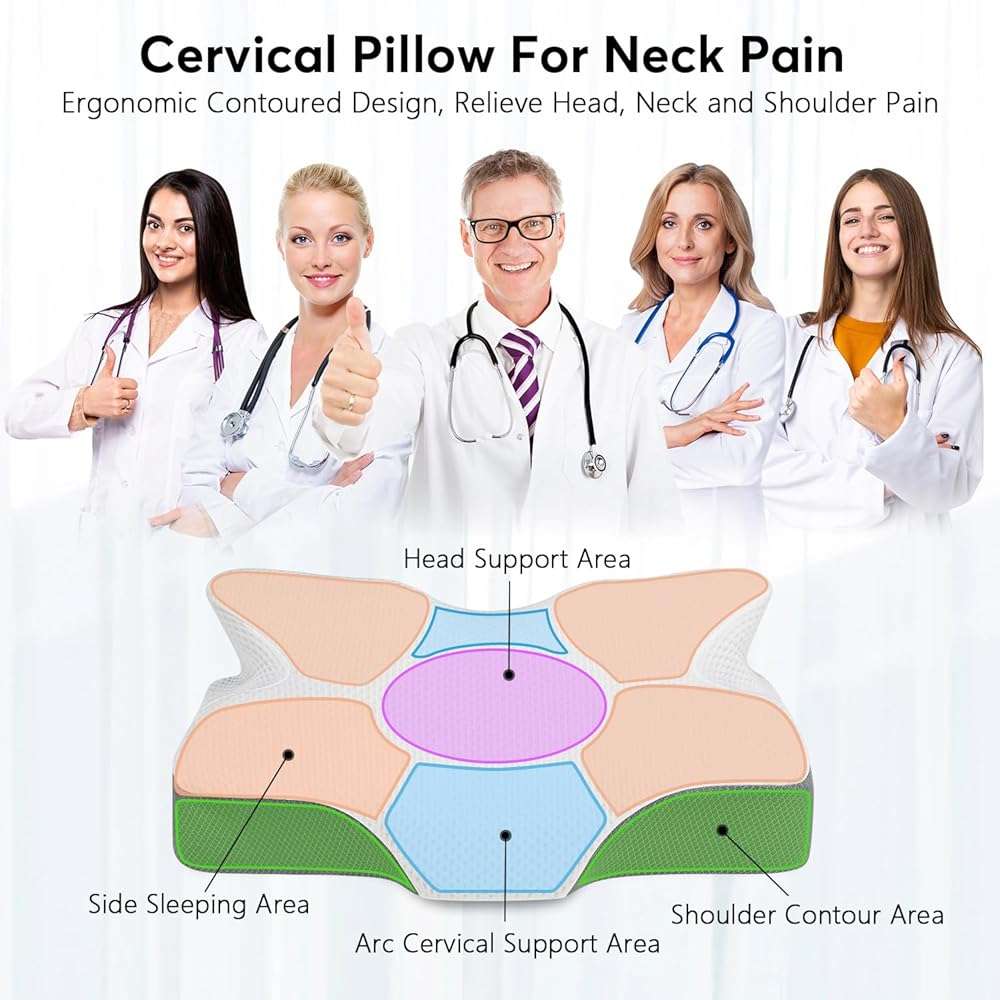 Anvo Cervical Neck Pillow for Neck and Shoulder Pain - Memory Foam Pillows for Pain Relief Sleeping, Contour Orthopedic for Side Back Stomach Sleeper, Grey - Image 3