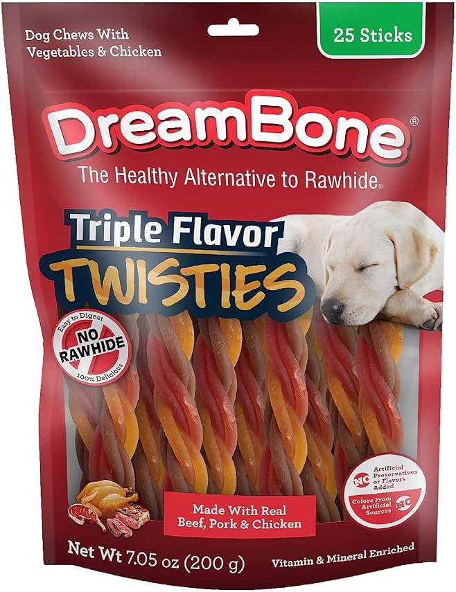 DreamBone Triple Flavor Twisties Dog Treats, Daily Rawhide-Free Chew, Digests Safely, with Real Protein, Beef, Pork, Chicken and Veggies, 25 Count - Image 1