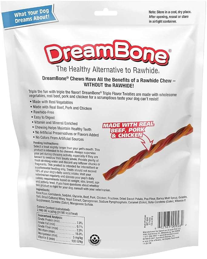 DreamBone Triple Flavor Twisties Dog Treats, Daily Rawhide-Free Chew, Digests Safely, with Real Protein, Beef, Pork, Chicken and Veggies, 25 Count - Image 2