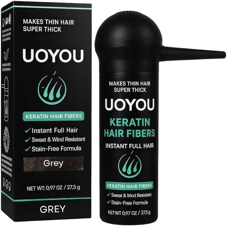 UOYOU GREY Hair Fibers for Thinning Hair 27.5g Bottle with Applicator | Undetectable & Natural Keratin Hair Fibers Concealer for Hair Loss for Men and Women | Hair Building Fibres Powder [GREY] - Image 1