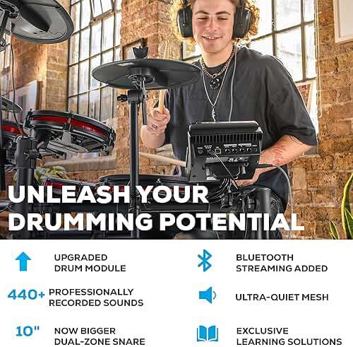 Alesis Nitro Max Kit Electric Drum Set with Quiet Mesh Pads, 10" Dual-Zone Snare, Bluetooth, 440+ Authentic Sounds, Drumeo, USB MIDI, Kick Pedal - Image 2