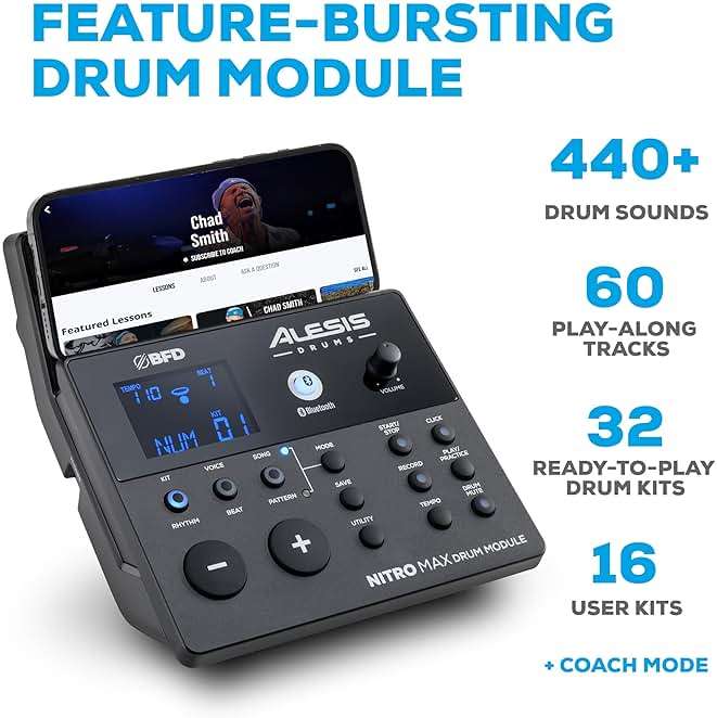 Alesis Nitro Max Kit Electric Drum Set with Quiet Mesh Pads, 10" Dual-Zone Snare, Bluetooth, 440+ Authentic Sounds, Drumeo, USB MIDI, Kick Pedal - Image 3