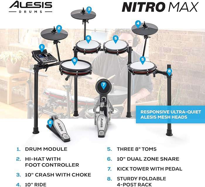 Alesis Nitro Max Kit Electric Drum Set with Quiet Mesh Pads, 10" Dual-Zone Snare, Bluetooth, 440+ Authentic Sounds, Drumeo, USB MIDI, Kick Pedal - Image 4
