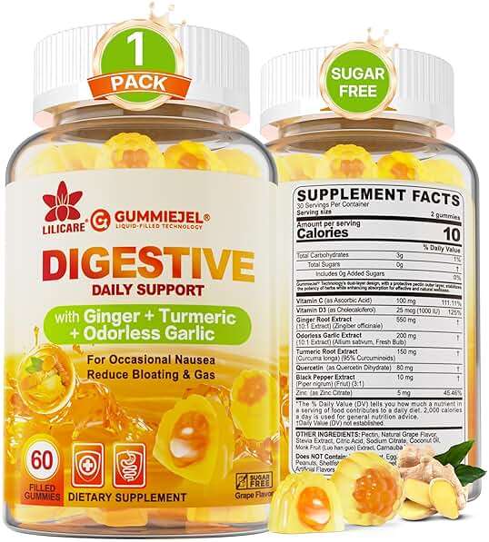 LILICARE Ginger Chews Gummies for Nausea & Digestive Support, Stomach Relief - Sugar Free with Turmeric & Odorless Garlic, Quercetin, Vitamin D3, C, Delicious Digestive Supplements, 60Cts (Pack of 1) - Image 1