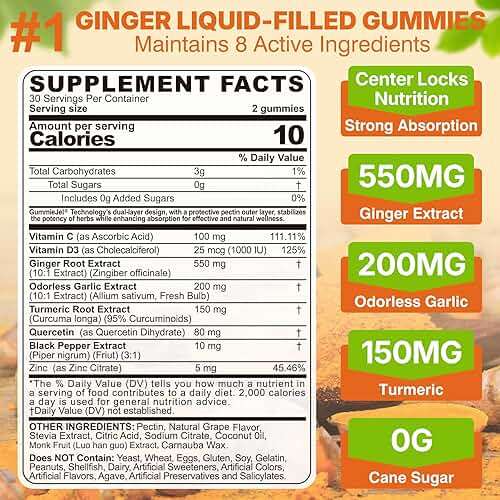 LILICARE Ginger Chews Gummies for Nausea & Digestive Support, Stomach Relief - Sugar Free with Turmeric & Odorless Garlic, Quercetin, Vitamin D3, C, Delicious Digestive Supplements, 60Cts (Pack of 1) - Image 2