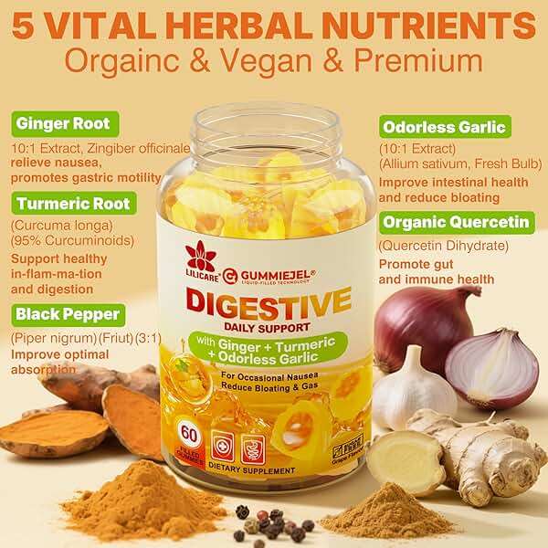 LILICARE Ginger Chews Gummies for Nausea & Digestive Support, Stomach Relief - Sugar Free with Turmeric & Odorless Garlic, Quercetin, Vitamin D3, C, Delicious Digestive Supplements, 60Cts (Pack of 1) - Image 3