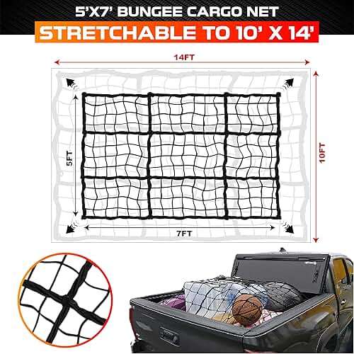 [Premium] 5'x7' Heavy Duty Cargo Net Stretches to 10' x 14', Extra Thick 10mm Cord Bungee Cargo Netting for Pickup Truck Bed, Roof Rack Net & 12 PCS Steel Carabiners - Image 2