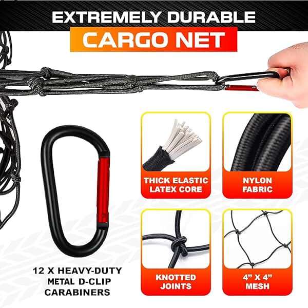[Premium] 5'x7' Heavy Duty Cargo Net Stretches to 10' x 14', Extra Thick 10mm Cord Bungee Cargo Netting for Pickup Truck Bed, Roof Rack Net & 12 PCS Steel Carabiners - Image 4