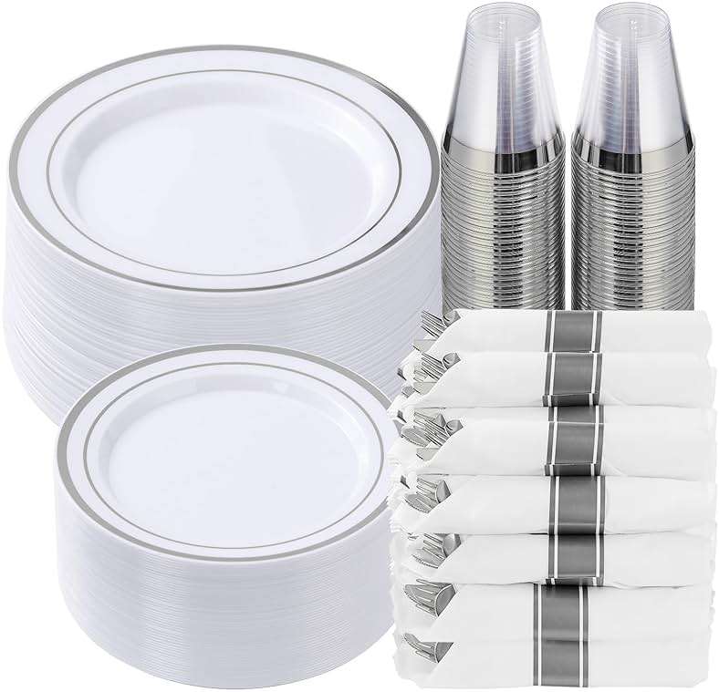 Goodluck 350 Piece Silver Plastic Dinnerware Set for 50 Guests, Fancy Disposable Plates for Party, Include: 50 Dinner Plates, 50 Dessert Plates, 50 Pre Rolled Napkins with Silver Silverware, 50 Cups - Image 1