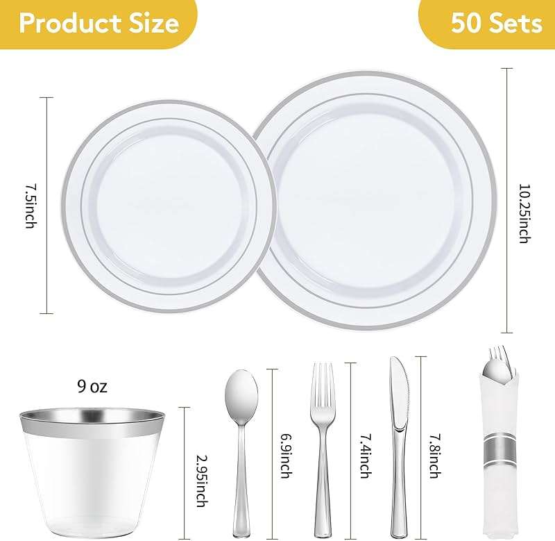 Goodluck 350 Piece Silver Plastic Dinnerware Set for 50 Guests, Fancy Disposable Plates for Party, Include: 50 Dinner Plates, 50 Dessert Plates, 50 Pre Rolled Napkins with Silver Silverware, 50 Cups - Image 3