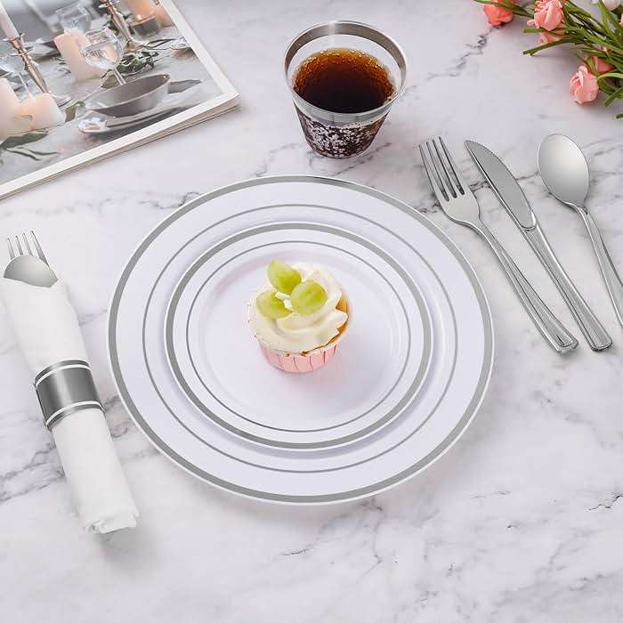 Goodluck 350 Piece Silver Plastic Dinnerware Set for 50 Guests, Fancy Disposable Plates for Party, Include: 50 Dinner Plates, 50 Dessert Plates, 50 Pre Rolled Napkins with Silver Silverware, 50 Cups - Image 4