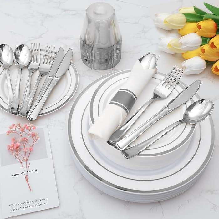 Goodluck 350 Piece Silver Plastic Dinnerware Set for 50 Guests, Fancy Disposable Plates for Party, Include: 50 Dinner Plates, 50 Dessert Plates, 50 Pre Rolled Napkins with Silver Silverware, 50 Cups - Image 5