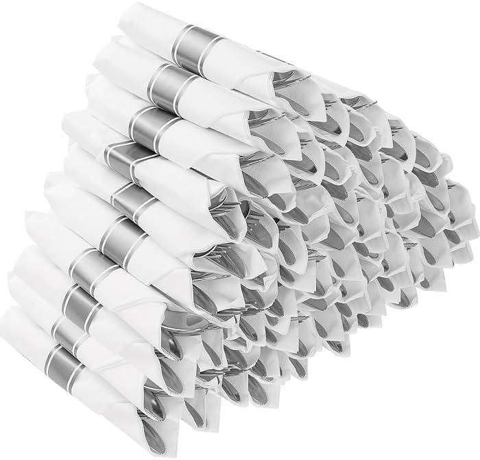 Goodluck 50 Pack Pre Rolled Silver Plastic Silverware, Wrapped Plastic Cutlery Set with Napkin Include 50 Forks, 50 Knives, 50 Spoons and 50 Napkins, Fancy Disposable Silverware for Party, Wedding - Image 1