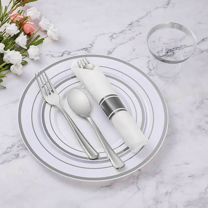 Goodluck 50 Pack Pre Rolled Silver Plastic Silverware, Wrapped Plastic Cutlery Set with Napkin Include 50 Forks, 50 Knives, 50 Spoons and 50 Napkins, Fancy Disposable Silverware for Party, Wedding - Image 2