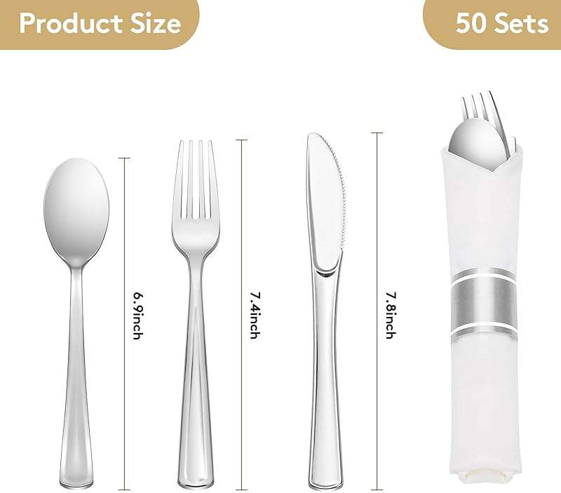 Goodluck 50 Pack Pre Rolled Silver Plastic Silverware, Wrapped Plastic Cutlery Set with Napkin Include 50 Forks, 50 Knives, 50 Spoons and 50 Napkins, Fancy Disposable Silverware for Party, Wedding - Image 3