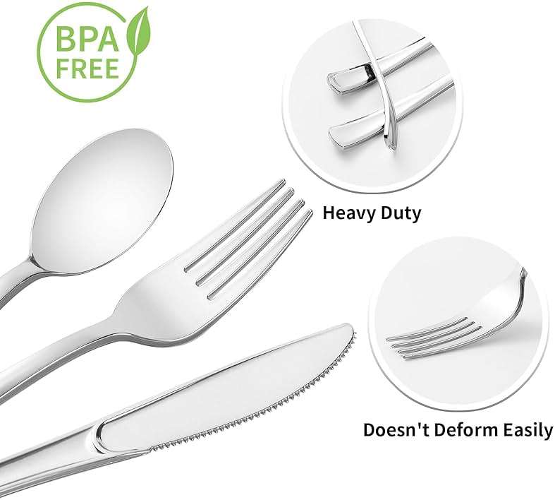 Goodluck 50 Pack Pre Rolled Silver Plastic Silverware, Wrapped Plastic Cutlery Set with Napkin Include 50 Forks, 50 Knives, 50 Spoons and 50 Napkins, Fancy Disposable Silverware for Party, Wedding - Image 4