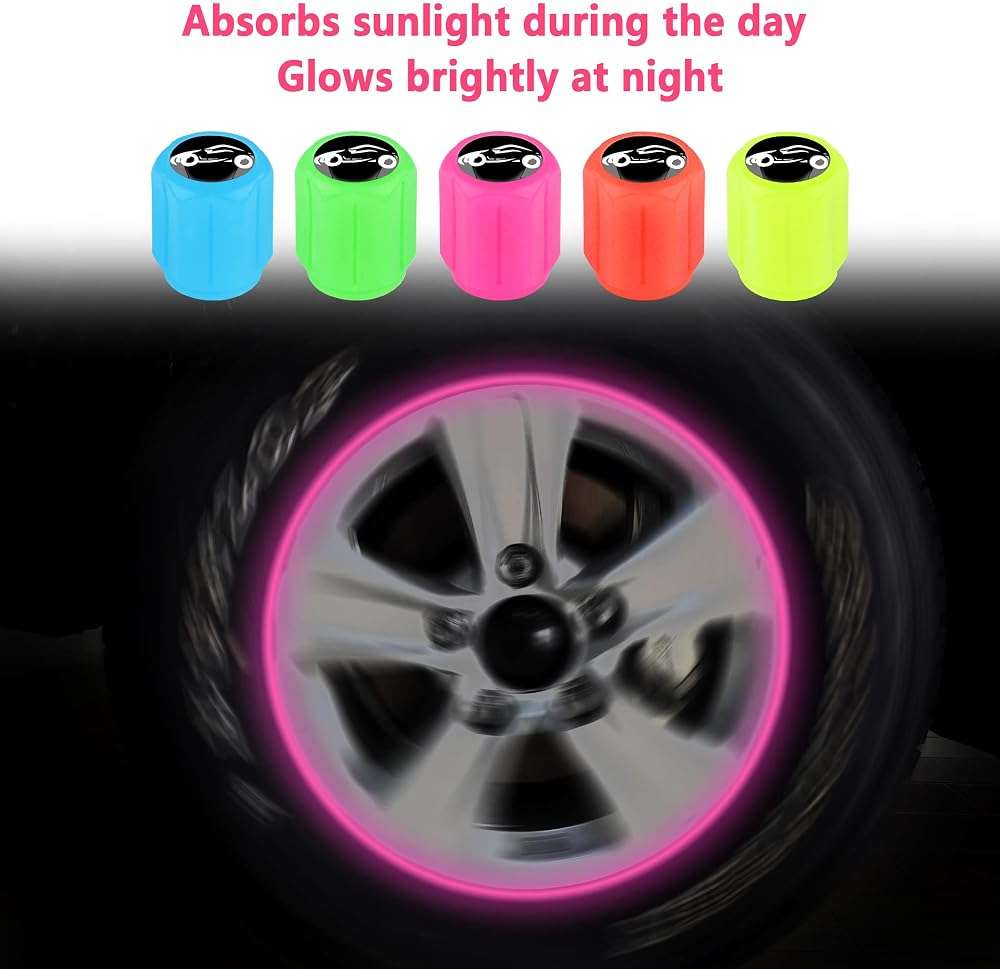 20PCS Fluorescent Tire Valve Stem Caps,Luminous Auto Wheel Air Valve Cap,Universal Decoration Accessories for Car/SUV/Bicycle/Trucks/Motorcycles,Cool Car Gifts (20Pcs-5 Colors/Car) - Image 3